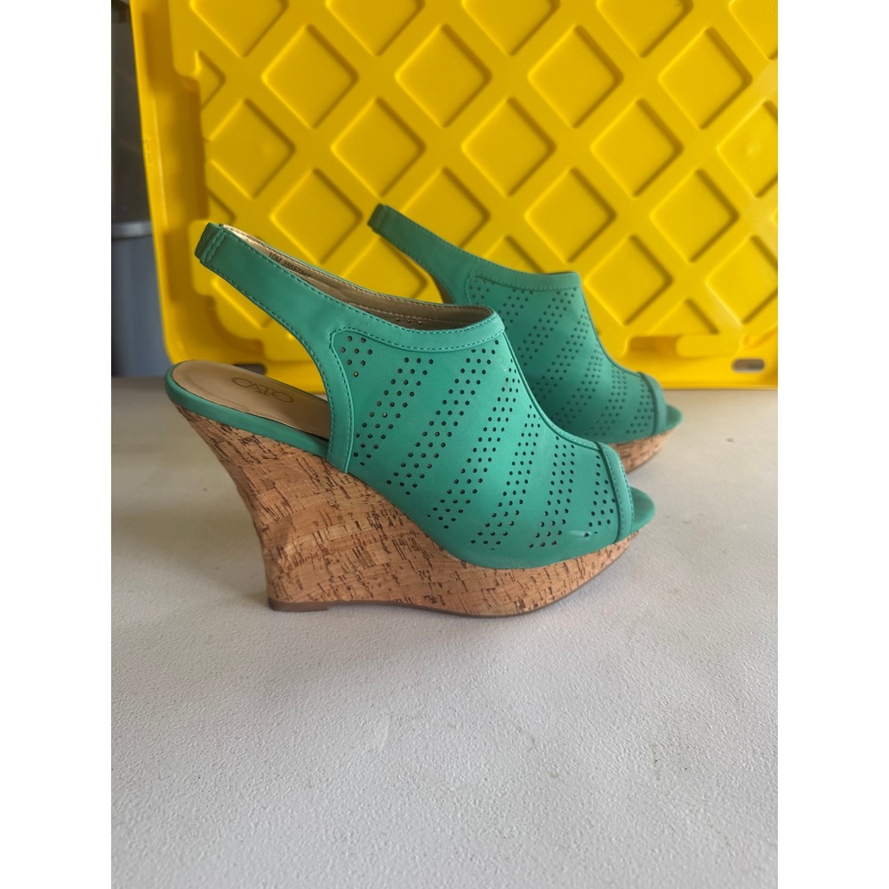 Cato Teal‎ Green Perforated Peep Toe Cork Wedge Slingback Sandals 10M 35557347